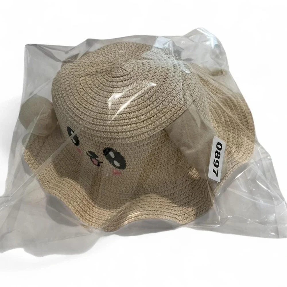 Unbranded Puppy Sun Hat Kids‎ One Size Tan New Woven Straw 3D Ears Wavy Brim